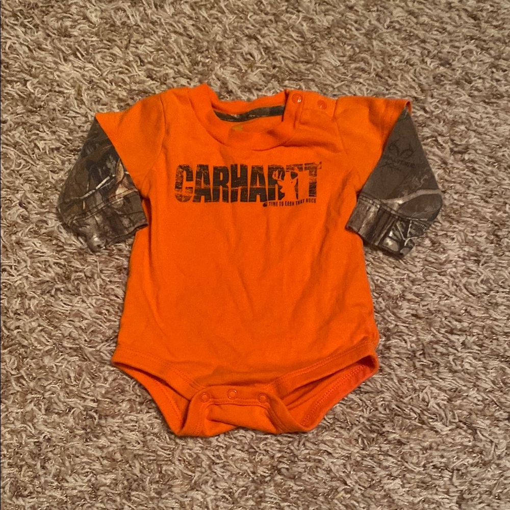 Carhartt Orange Baby Onesie with Camo Sleeves